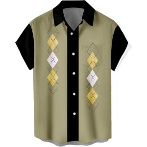 imageMens Vintage Bowling Shirts 1950s Casual Short Sleeve Button Up Contrast Shirt Summer Color Block Cuban ShirtsRetro Geometric