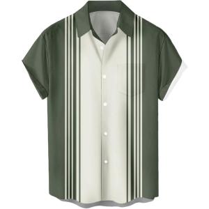 imageMens Vintage Bowling Shirts 1950s Casual Short Sleeve Button Up Contrast Shirt Summer Color Block Cuban ShirtsSage Cream Stripe