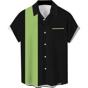 imageMens Vintage Bowling Shirts 1950s Casual Short Sleeve Button Up Contrast Shirt Summer Color Block Cuban ShirtsSage and Black Stripe
