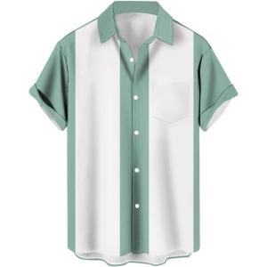 imageMens Vintage Bowling Shirts 1950s Casual Short Sleeve Button Up Contrast Shirt Summer Color Block Cuban ShirtsSage and White