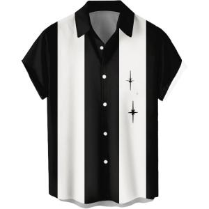 imageMens Vintage Bowling Shirts 1950s Casual Short Sleeve Button Up Contrast Shirt Summer Color Block Cuban ShirtsStar