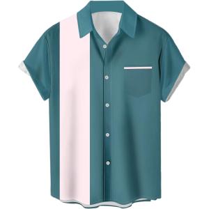 imageMens Vintage Bowling Shirts 1950s Casual Short Sleeve Button Up Contrast Shirt Summer Color Block Cuban ShirtsTurquoise and White
