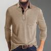 imageMens Casual Polo Shirts Classic Button Basic Long Sleeve Shirt Solid Color Cotton Tees Stylish TopsLight Khaki