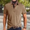 imageMens Casual Polo Shirts Classic Button Basic Short Sleeve Shirt Solid Color Cotton Tees Golf Stylish TopsKhakiss