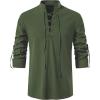 imageMens Cotton Linen Lace Up Shirts Pirate Medieval Viking Renaissance Halloween Costume Drawstring Arm Banded TopsArmygreen