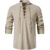imageMens Cotton Linen Lace Up Shirts Pirate Medieval Viking Renaissance Halloween Costume Drawstring Arm Banded TopsKhaki