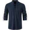 imageMens Cotton Linen Lace Up Shirts Pirate Medieval Viking Renaissance Halloween Costume Drawstring Arm Banded TopsNavy