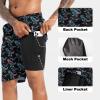 imageMens Swim Trunks with Compression Liner 9quot Stretch Board Shorts 2 in 1 Quick Dry Swimwear Bathing SuitsNeon Dinosaur