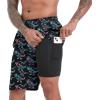 imageMens Swim Trunks with Compression Liner 9quot Stretch Board Shorts 2 in 1 Quick Dry Swimwear Bathing SuitsNeon Dinosaur