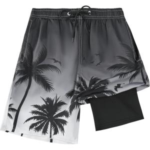 imageBoys Swim Trunks Compression Liner Swim Shorts Quick Dry Bathing Suit with Boxer Brief AntiChafe Boy SwimwearBlack Palm Tree
