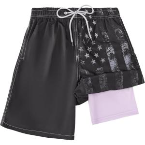 imageBoys Swim Trunks Compression Liner Swim Shorts Quick Dry Bathing Suit with Boxer Brief AntiChafe Boy SwimwearBlack Purple Flag