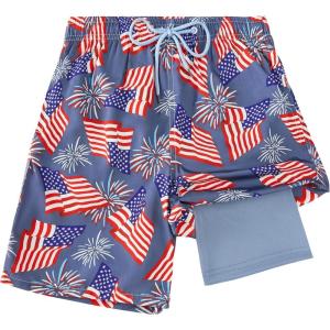imageBoys Swim Trunks Compression Liner Swim Shorts Quick Dry Bathing Suit with Boxer Brief AntiChafe Boy SwimwearBlue American Flag