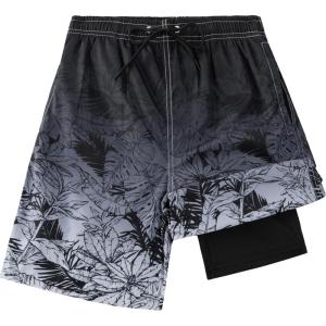 imageBoys Swim Trunks Compression Liner Swim Shorts Quick Dry Bathing Suit with Boxer Brief AntiChafe Boy SwimwearGradient Grey Leaves