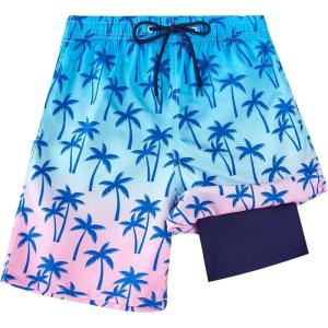 imageBoys Swim Trunks Compression Liner Swim Shorts Quick Dry Bathing Suit with Boxer Brief AntiChafe Boy SwimwearGradient Palm Tree