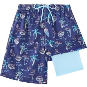 imageBoys Swim Trunks Compression Liner Swim Shorts Quick Dry Bathing Suit with Boxer Brief AntiChafe Boy SwimwearNeon Holiday