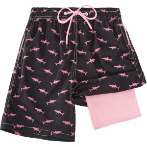 imageBoys Swim Trunks Compression Liner Swim Shorts Quick Dry Bathing Suit with Boxer Brief AntiChafe Boy SwimwearPink Shark