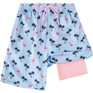 imageBoys Swim Trunks Compression Liner Swim Shorts Quick Dry Bathing Suit with Boxer Brief AntiChafe Boy SwimwearSky Blue Palm Flamingo