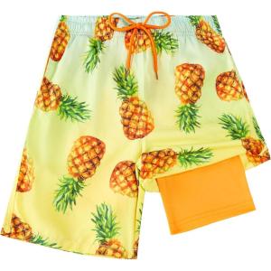 imageBoys Swim Trunks Compression Liner Swim Shorts Quick Dry Bathing Suit with Boxer Brief AntiChafe Boy SwimwearTropical Pineapple