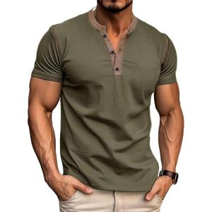 imageMens Casual Henley Shirts Classic Button Cotton Short Sleeve TShirt Summer Basic Solid Lightweight Tees TopsArmy Green