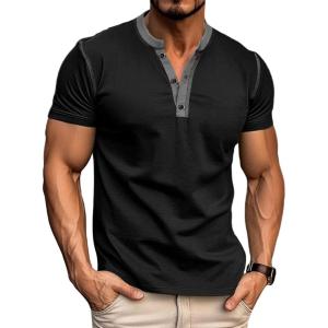 imageMens Casual Henley Shirts Classic Button Cotton Short Sleeve TShirt Summer Basic Solid Lightweight Tees TopsBlack