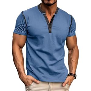 imageMens Casual Henley Shirts Classic Button Cotton Short Sleeve TShirt Summer Basic Solid Lightweight Tees TopsBlue