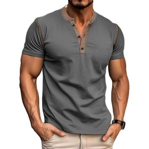 imageMens Casual Henley Shirts Classic Button Cotton Short Sleeve TShirt Summer Basic Solid Lightweight Tees TopsDark Grey