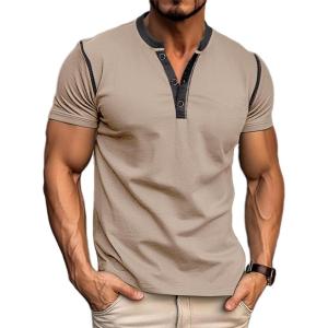 imageMens Casual Henley Shirts Classic Button Cotton Short Sleeve TShirt Summer Basic Solid Lightweight Tees TopsKhaki
