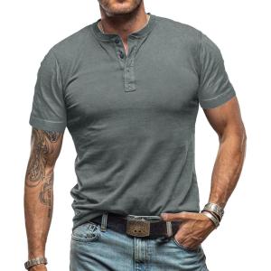 imageMens Casual Henley Shirts Classic Button Cotton Short Sleeve TShirt Summer Basic Solid Lightweight Tees TopsLight Grey302