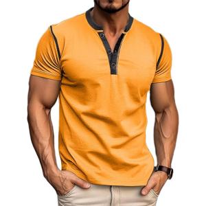 imageMens Casual Henley Shirts Classic Button Cotton Short Sleeve TShirt Summer Basic Solid Lightweight Tees TopsOrange