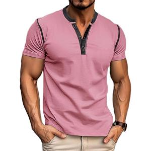 imageMens Casual Henley Shirts Classic Button Cotton Short Sleeve TShirt Summer Basic Solid Lightweight Tees TopsPink