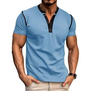 imageMens Casual Henley Shirts Classic Button Cotton Short Sleeve TShirt Summer Basic Solid Lightweight Tees TopsSkyblue
