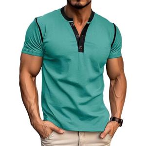 imageMens Casual Henley Shirts Classic Button Cotton Short Sleeve TShirt Summer Basic Solid Lightweight Tees TopsSkygreen