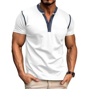 imageMens Casual Henley Shirts Classic Button Cotton Short Sleeve TShirt Summer Basic Solid Lightweight Tees TopsWhite