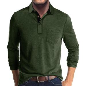 imageMens Casual Polo Shirts Classic Button Basic Long Sleeve Shirt Solid Color Cotton Tees Stylish TopsArmy Green