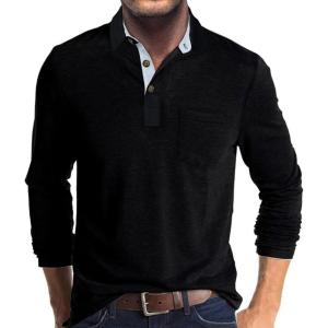 imageMens Casual Polo Shirts Classic Button Basic Long Sleeve Shirt Solid Color Cotton Tees Stylish TopsBlack