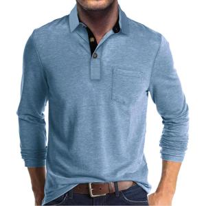 imageMens Casual Polo Shirts Classic Button Basic Long Sleeve Shirt Solid Color Cotton Tees Stylish TopsBlue