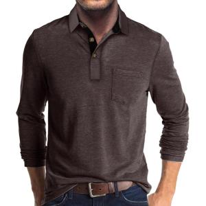 imageMens Casual Polo Shirts Classic Button Basic Long Sleeve Shirt Solid Color Cotton Tees Stylish TopsCoffee