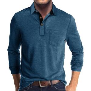 imageMens Casual Polo Shirts Classic Button Basic Long Sleeve Shirt Solid Color Cotton Tees Stylish TopsDark Blue