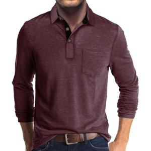 imageMens Casual Polo Shirts Classic Button Basic Long Sleeve Shirt Solid Color Cotton Tees Stylish TopsDark Red