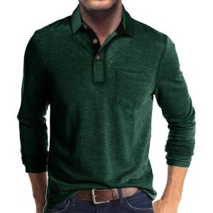 imageMens Casual Polo Shirts Classic Button Basic Long Sleeve Shirt Solid Color Cotton Tees Stylish TopsGreen