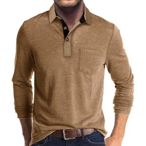 imageMens Casual Polo Shirts Classic Button Basic Long Sleeve Shirt Solid Color Cotton Tees Stylish TopsKhaki