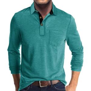 imageMens Casual Polo Shirts Classic Button Basic Long Sleeve Shirt Solid Color Cotton Tees Stylish TopsLight Green