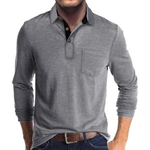 imageMens Casual Polo Shirts Classic Button Basic Long Sleeve Shirt Solid Color Cotton Tees Stylish TopsLight Grey