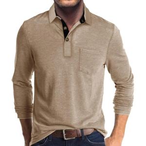 imageMens Casual Polo Shirts Classic Button Basic Long Sleeve Shirt Solid Color Cotton Tees Stylish TopsLight Khaki