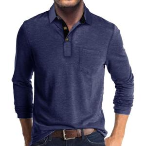 imageMens Casual Polo Shirts Classic Button Basic Long Sleeve Shirt Solid Color Cotton Tees Stylish TopsNavy