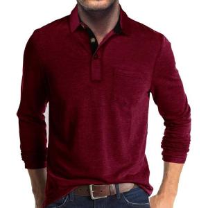 imageMens Casual Polo Shirts Classic Button Basic Long Sleeve Shirt Solid Color Cotton Tees Stylish TopsRed