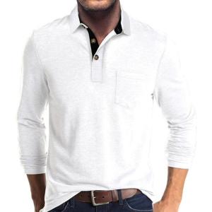 imageMens Casual Polo Shirts Classic Button Basic Long Sleeve Shirt Solid Color Cotton Tees Stylish TopsWhite