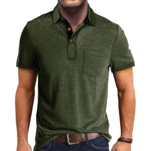 imageMens Casual Polo Shirts Classic Button Basic Short Sleeve Shirt Solid Color Cotton Tees Golf Stylish TopsArmy Greenss