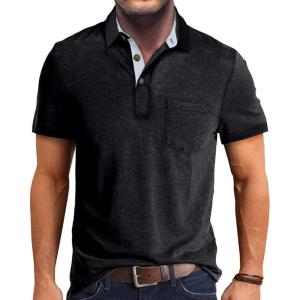 imageMens Casual Polo Shirts Classic Button Basic Short Sleeve Shirt Solid Color Cotton Tees Golf Stylish TopsBlackss