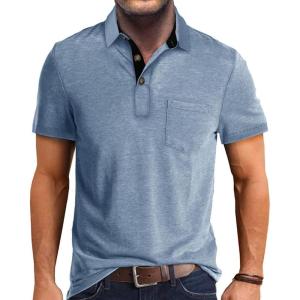 imageMens Casual Polo Shirts Classic Button Basic Short Sleeve Shirt Solid Color Cotton Tees Golf Stylish TopsBluess